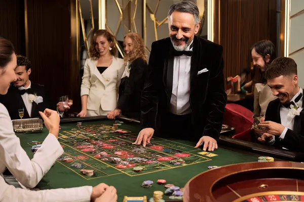 A confident dealer surrounded by casino chips inviting players to access their ZEUS75 account, reflecting quick and easy login options.